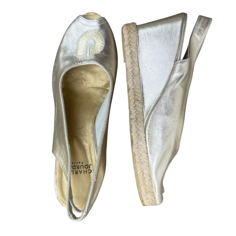 Charles Jourdan Paris Gold Leather Slingback Espadrille Wedges 6 Vintage